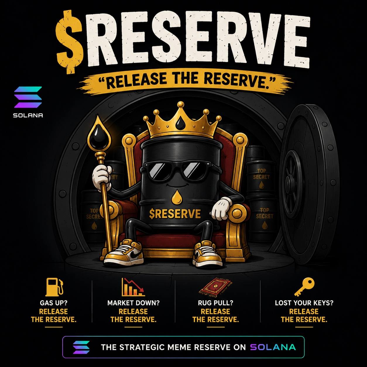 $RESERVE Barrel King seated on throne with gold crown, sunglasses, and chain — Strategic Meme Reserve mascot